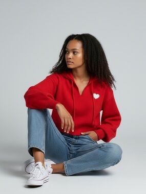 Women’s Red Hooded Cropped Valentines Sweater